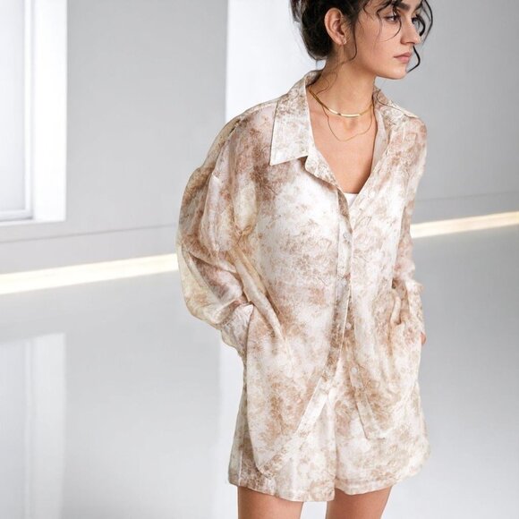 NWT J.ING 2 Pieces Floral Print Casual Sheer Oversize Shirt Top with Shorts Set - Picture 8 of 8